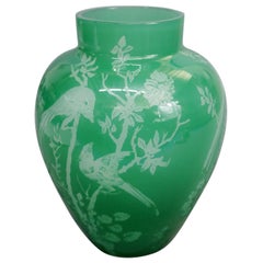 Antique Steuben Jade Green Cut Back Asian Style Bird and Floral Vase, circa 1930