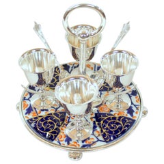 Old English Silver-Plate 4-Cup Egg Cruet with Spoons on Imari Porcelain Base