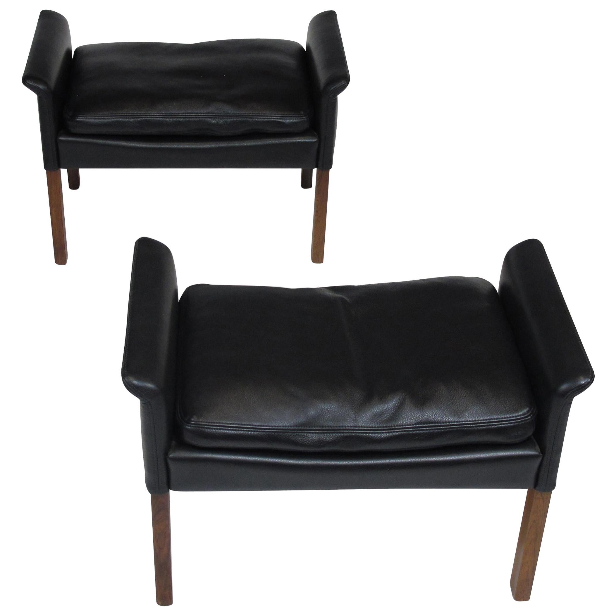 Hans Olsen Rosewood and Black Leather Ottomans, A Pair