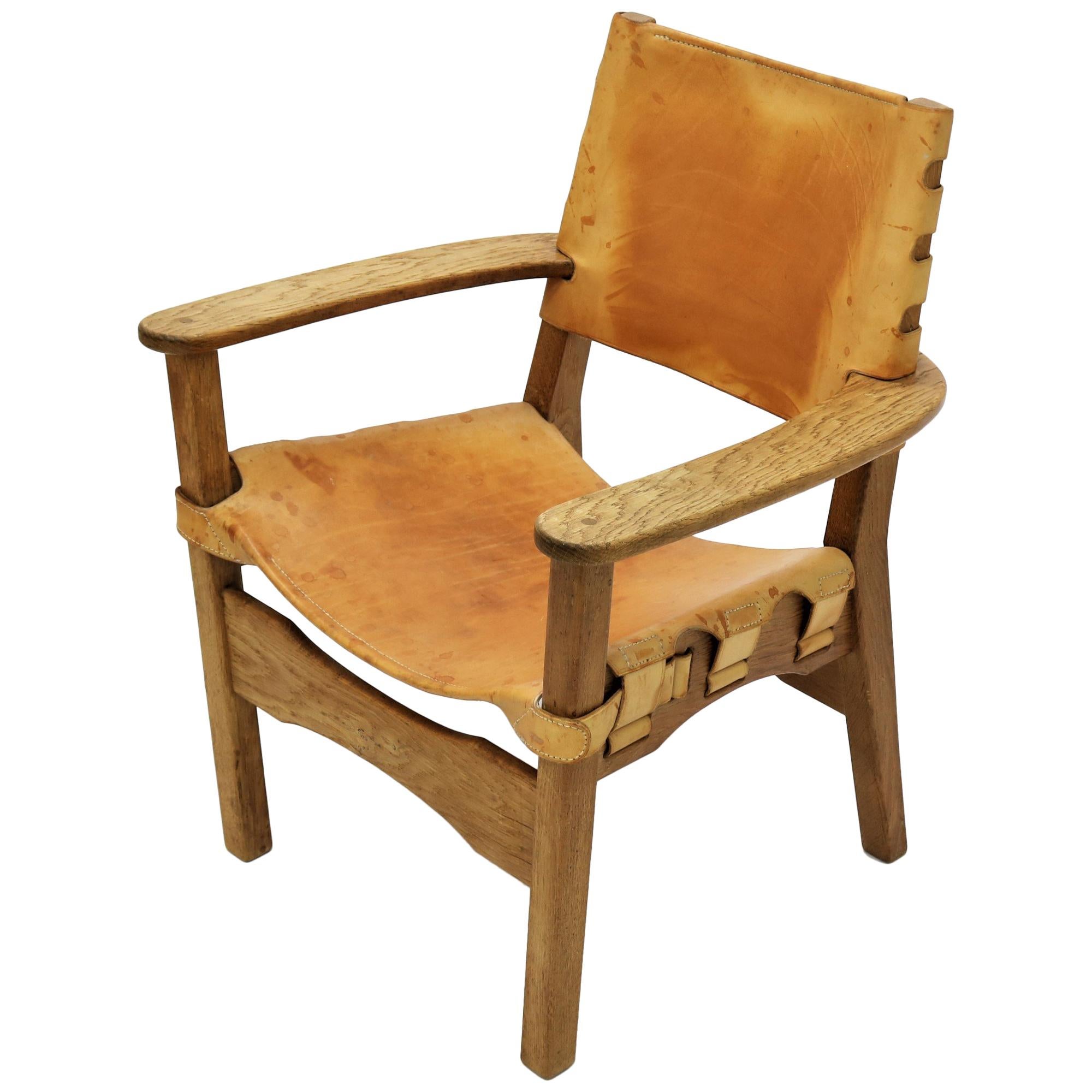 Scandinavian Modern Armchair in Oak and Saddle Leather, 1960s