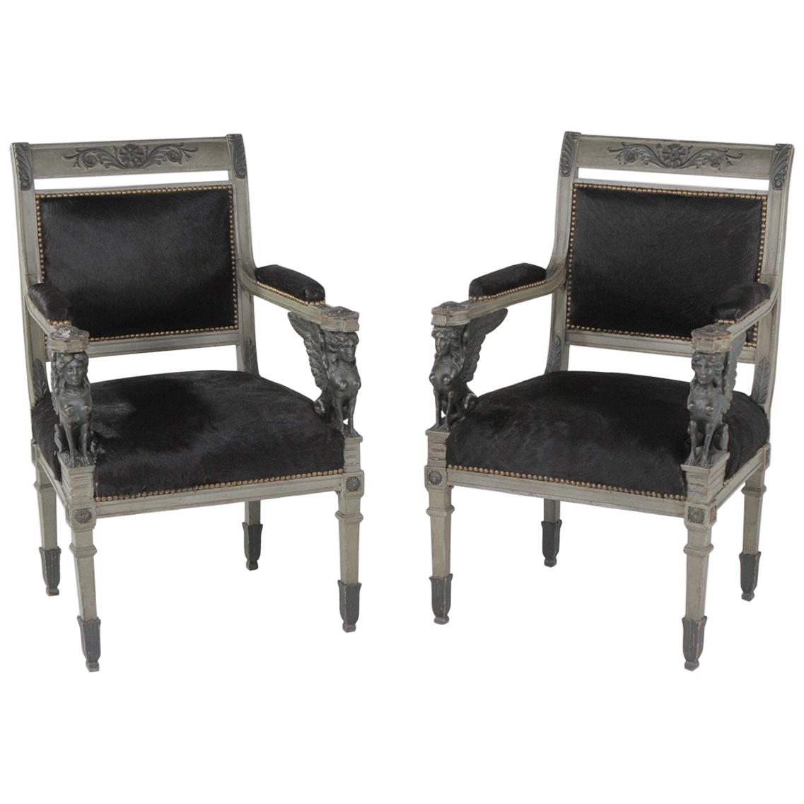 Superb Neoclassical Egyptian Revival Armchairs with Black Cowhide Upholstery