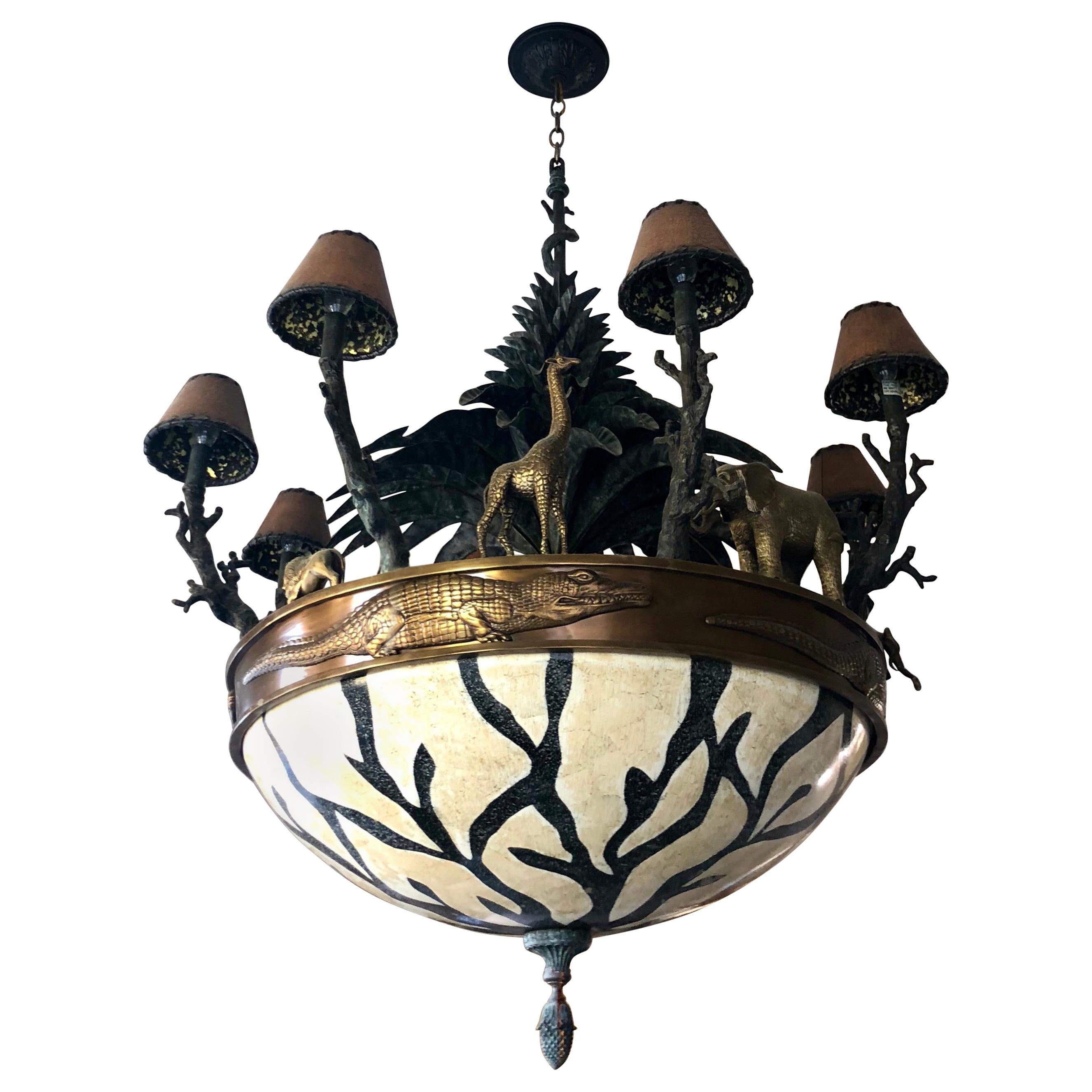 Large Exotic African Wildlife Chandelier Bronze and Verdigris Patinated Brass