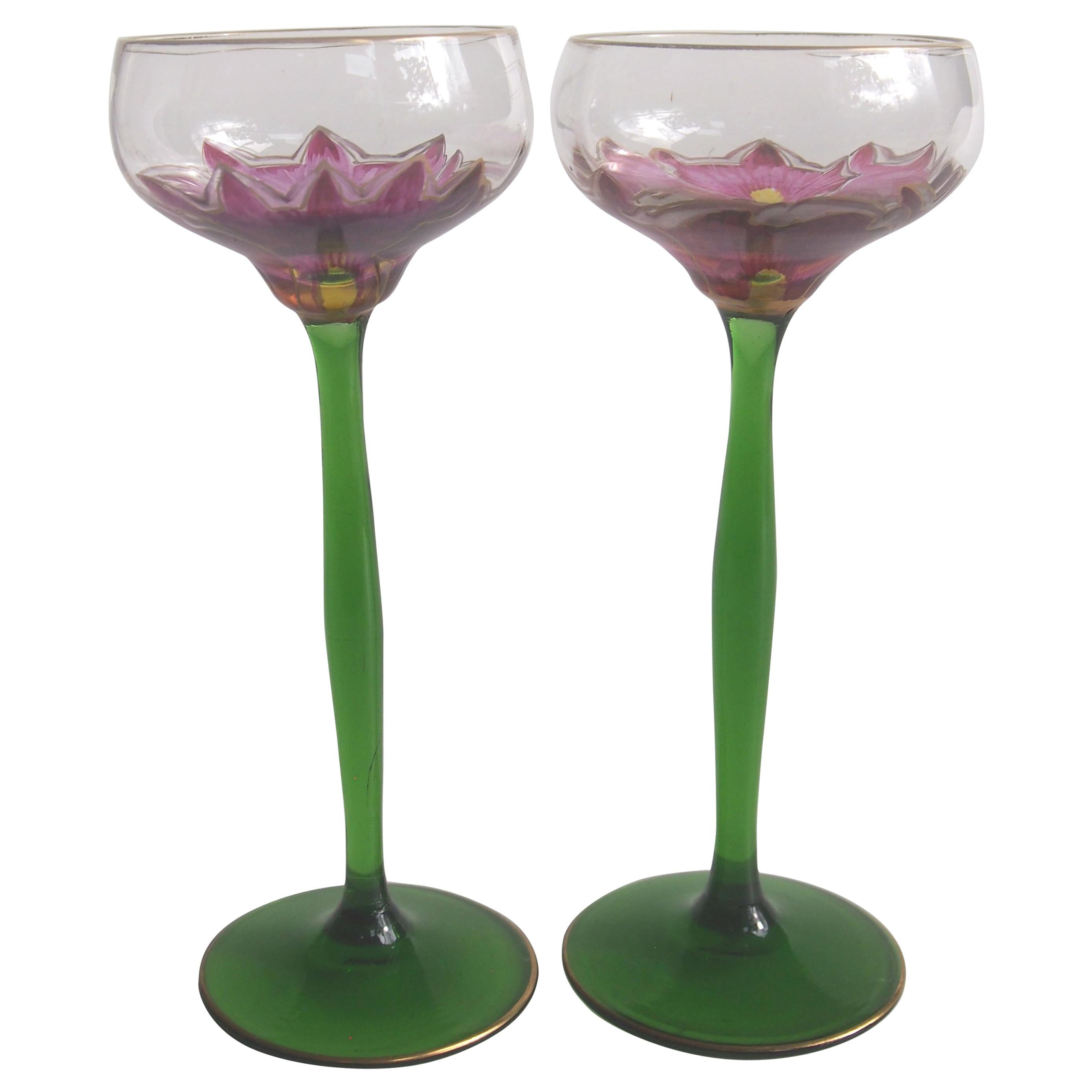 Bohemian Art Nouveau Pair of Small Meyr's Neffe Flower Glasses