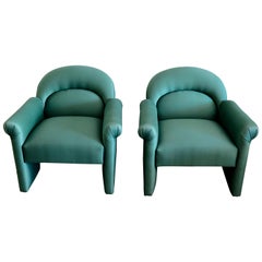 Pair of Upholstered Emerald Green Postmodern Lounge Chairs