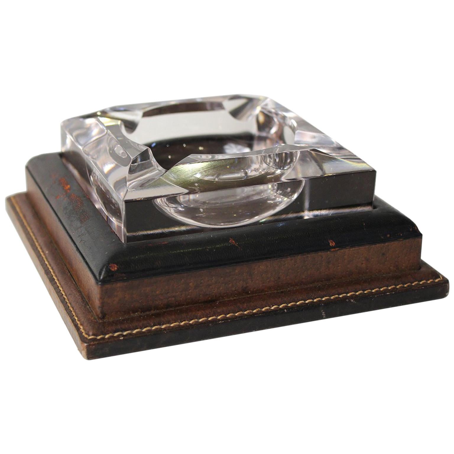Art Deco Gucci Leather and Crystal Cigar Smoking Ashtray Italy