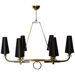 Jacques Adnet Six-Light Chandelier, Pair Available