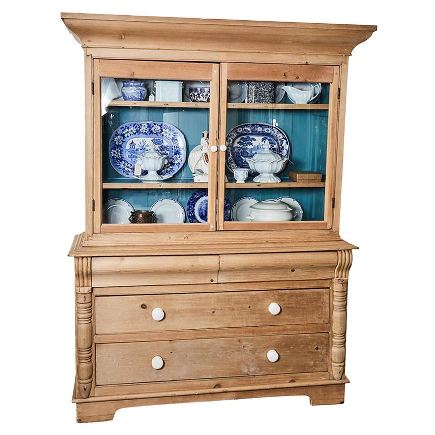 Pine Cabinet with Blue Interior For Sale