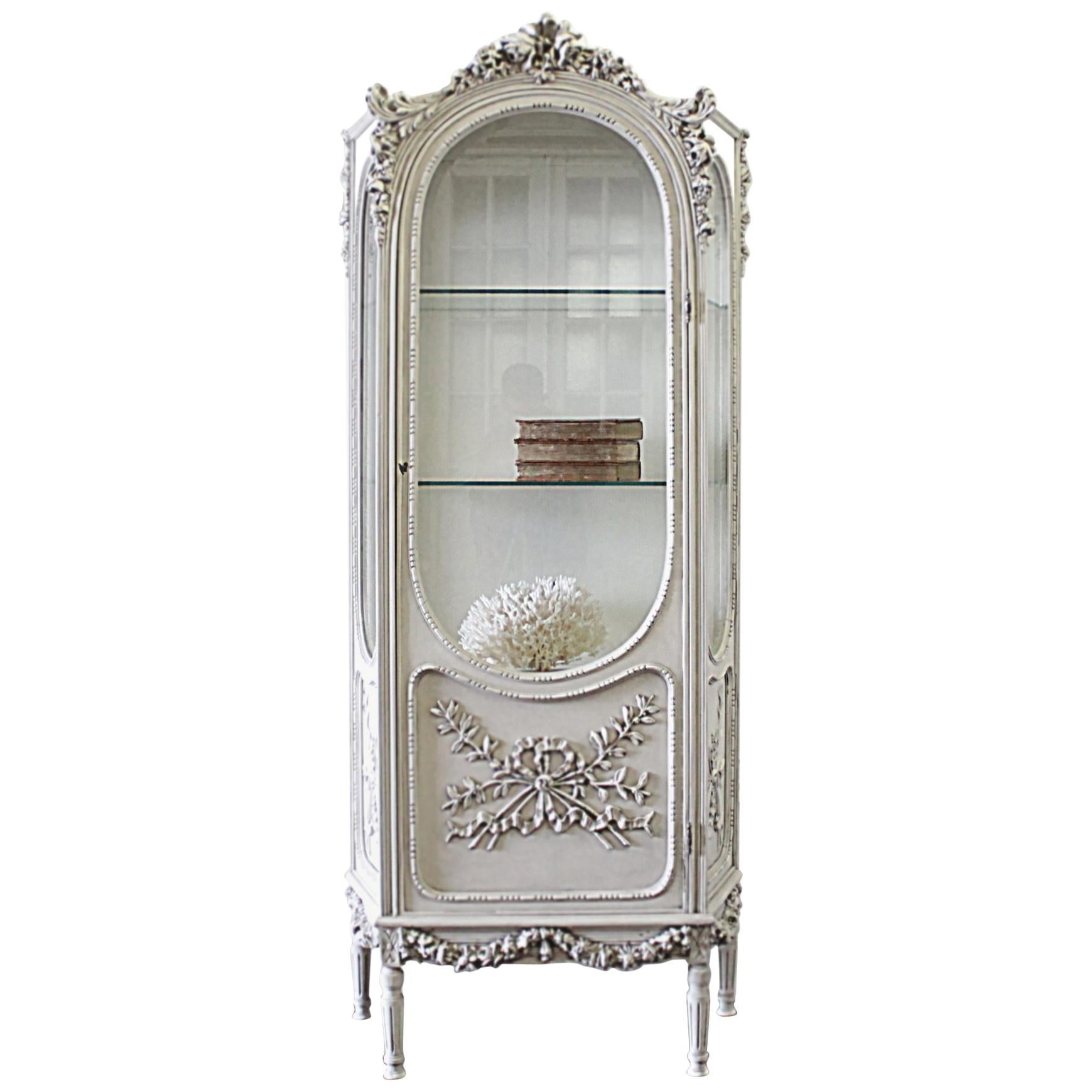 20th Century Louis XVI Style Carved Display Armoire Curio with Rose Carvings