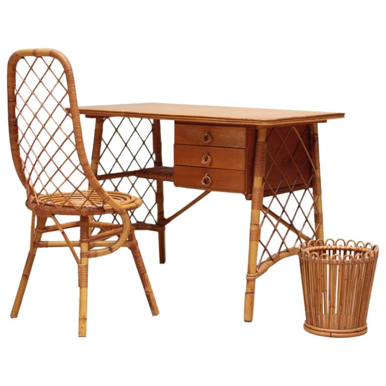 Louis Sognot Rattan And Wood Desk Set At 1stdibs