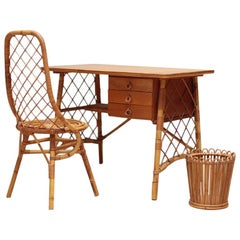 Louis Sognot Rattan and Wood Desk Set