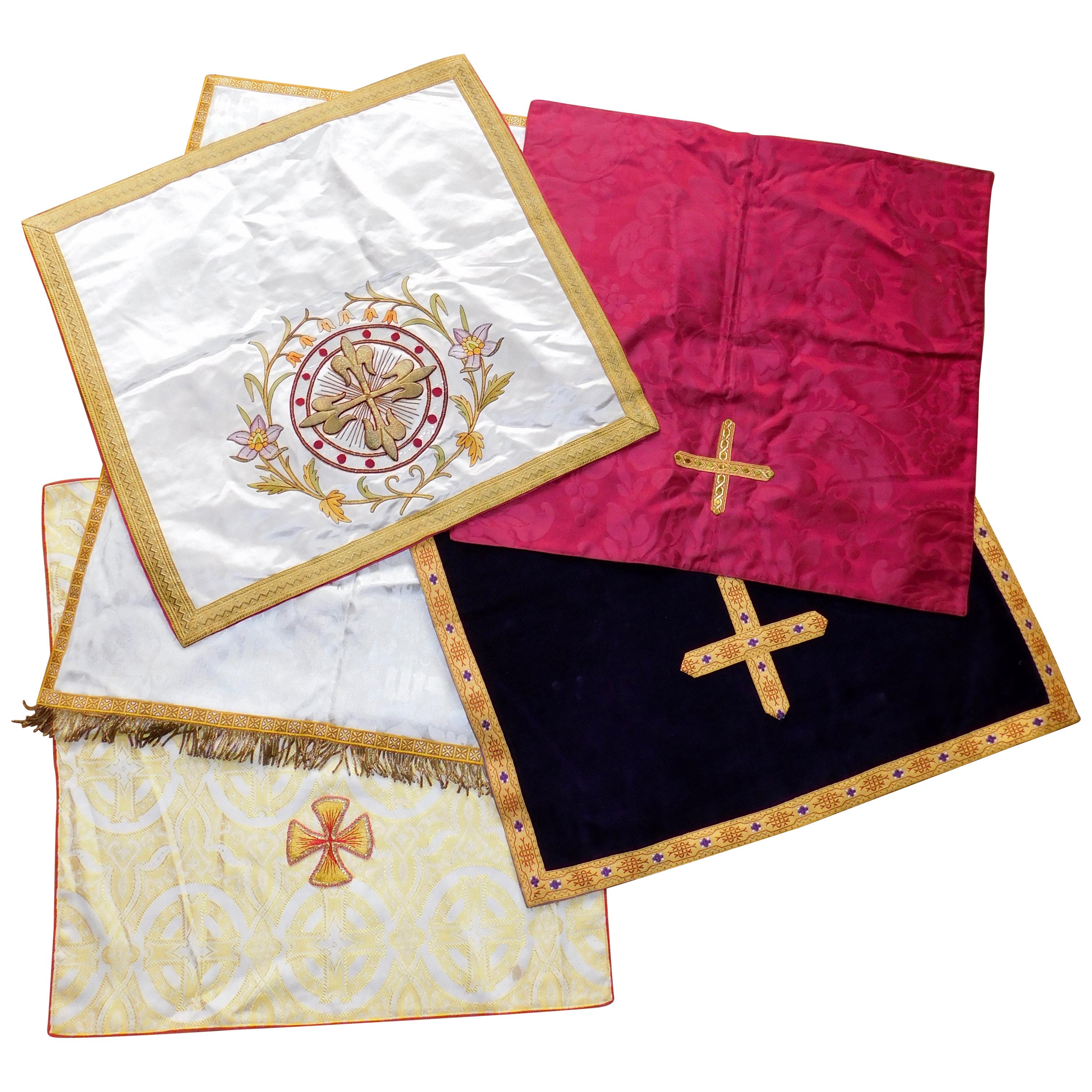 Five Vintage Damask and Embroidered Chalice Veil Catholic Alter Textiles For Sale