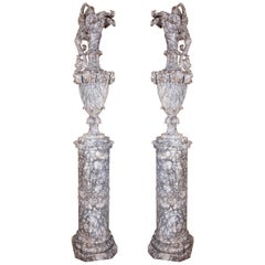 Vintage Italian Carved Alabaster on Column Pair of Vases, circa 1950