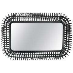 French Design and Black Lacquered Rattan Mirror