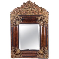 1850s French Baroque Revival Root Wood and Golden Brass Frame and Crest Mirror