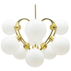Elegant 1960s Brass Ceiling Lamp with 9 Opaline Glass Globes