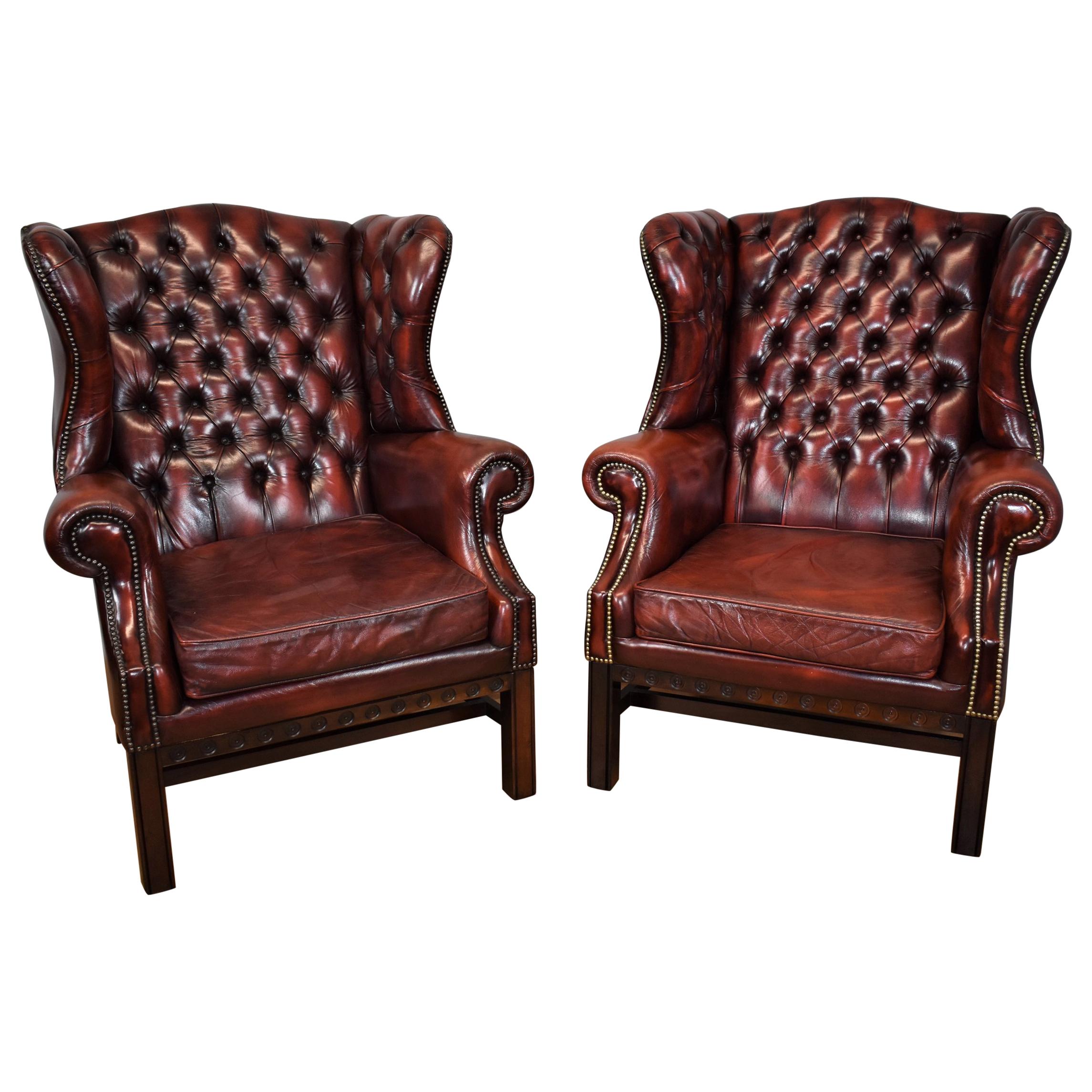 20th Century Pair of Large English Red Leather Wingback Armchairs