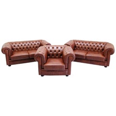 Chesterfield Sofa Set Armchair Genuine Leather Couch Vintage Stool