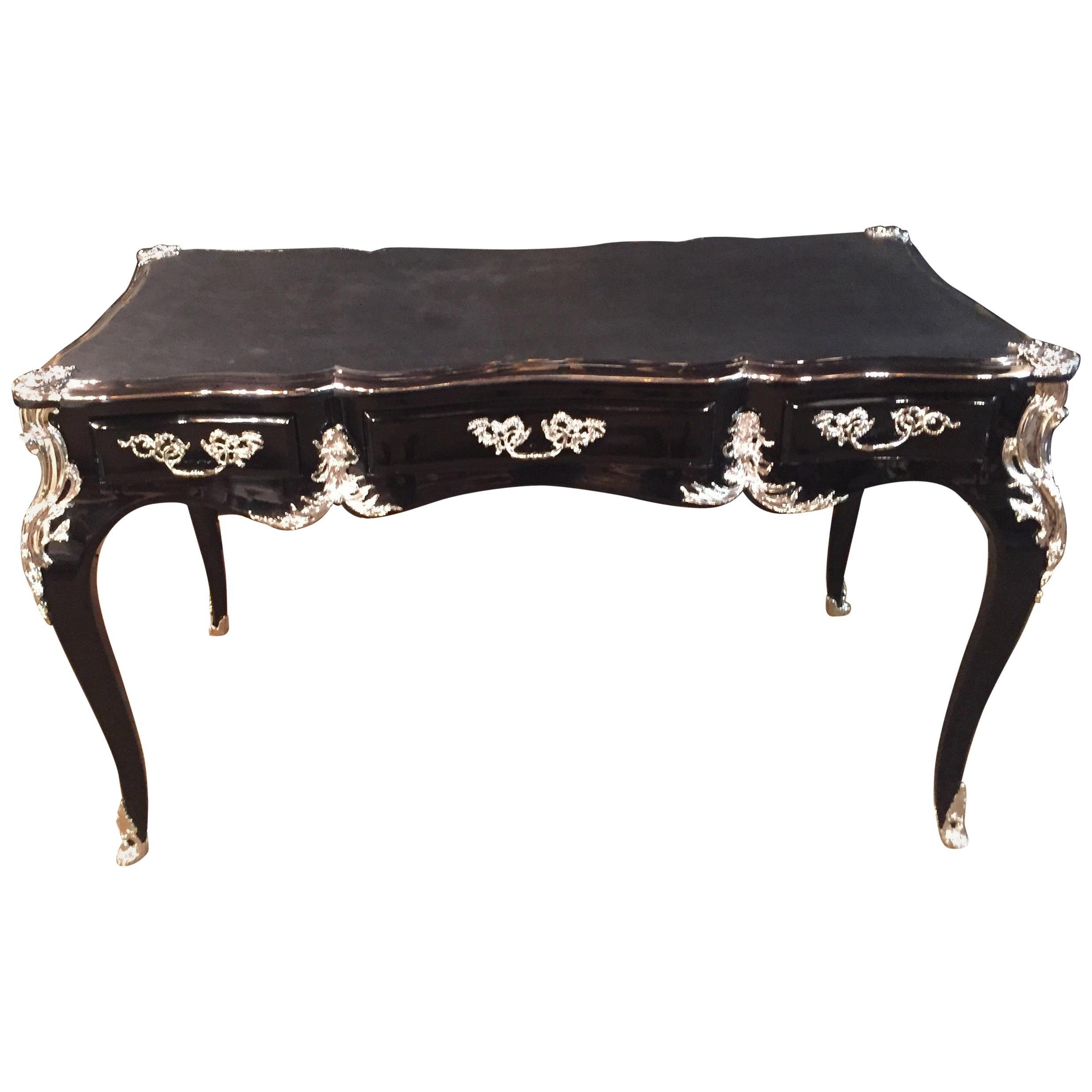 20th Century Louis XV Style Bureau Plat Writing Table Piano Black