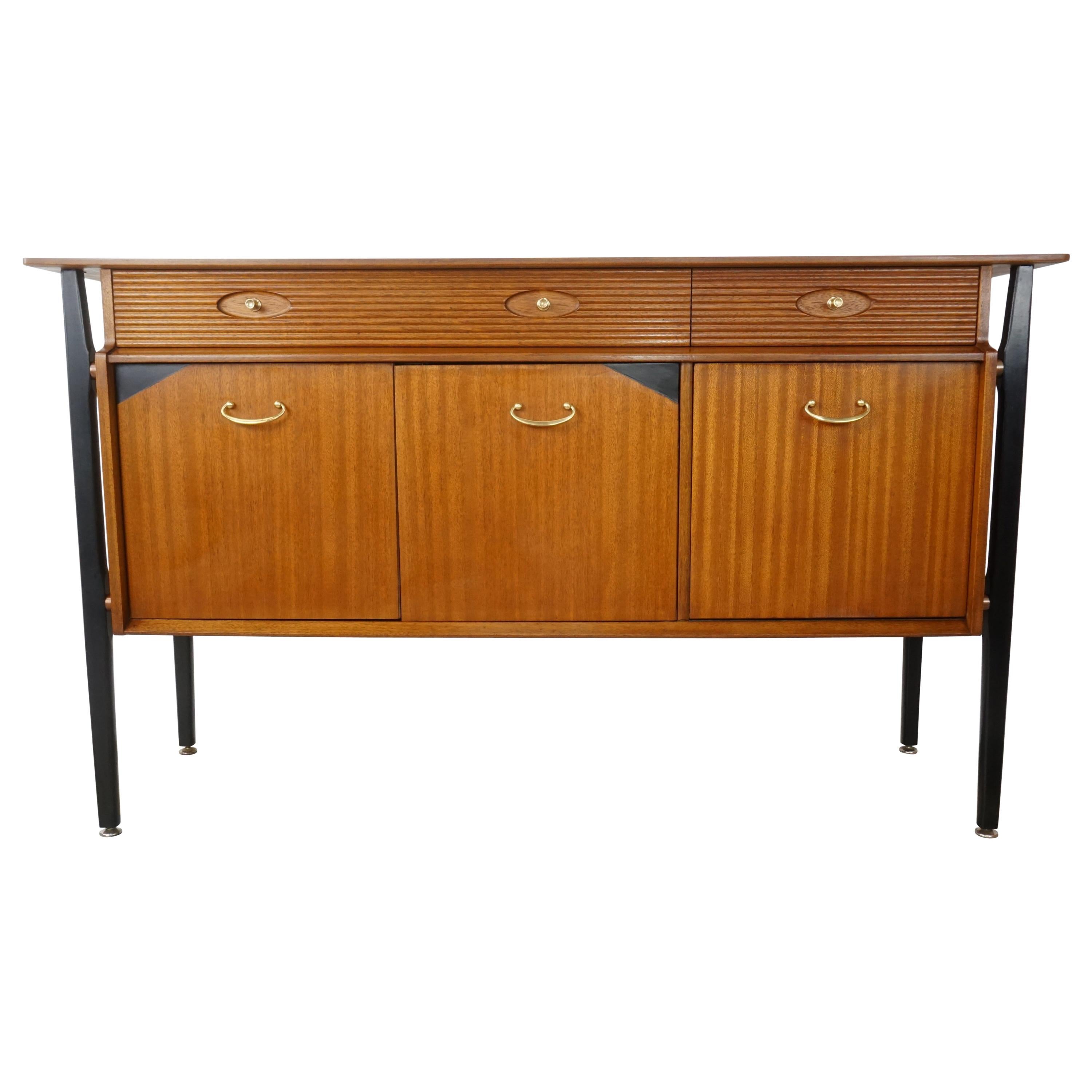 1960s Design Black Lacquered and Teak Wooden Sideboard