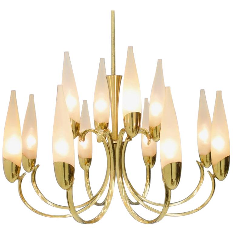 Large Glass and Brass Chandelier, 1950s For Sale