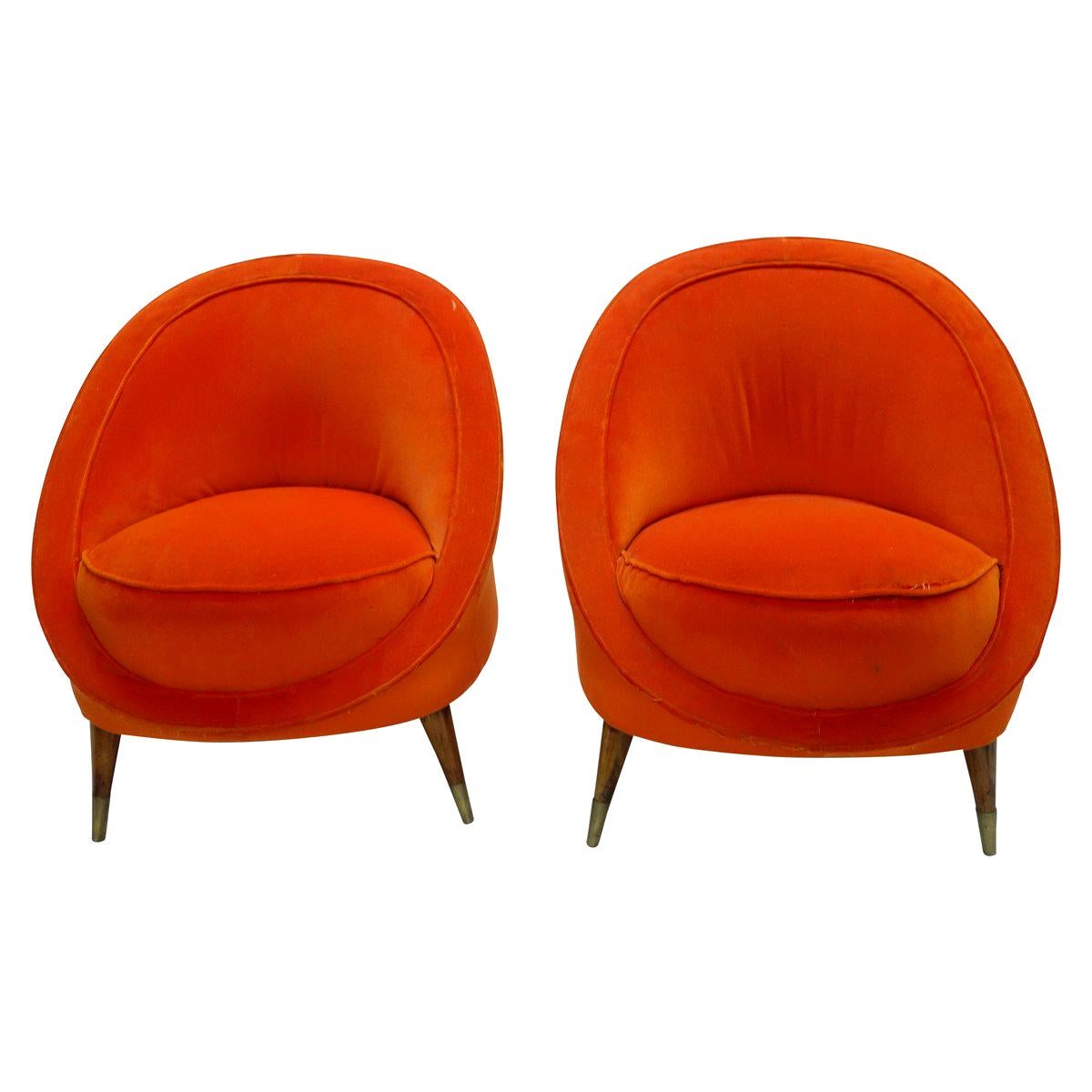 Pair of Italian Orange Velvet Barrel Back Club Chairs in the Manner of Gio Ponti