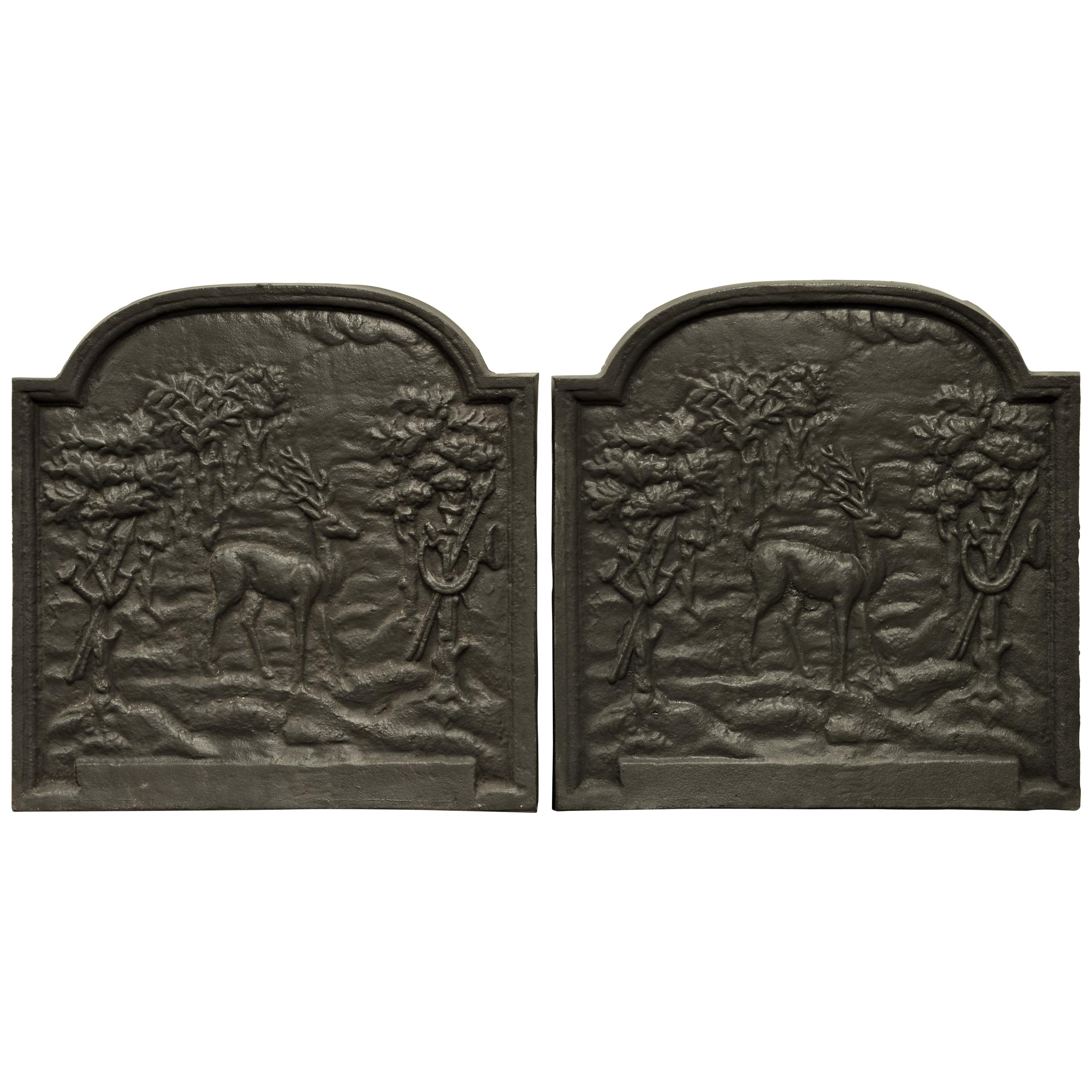 Pair of Cast Iron Firebacks Showing Deers in the Woods