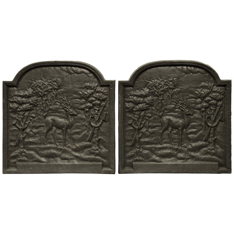 Pair of Cast Iron Firebacks Showing Deers in the Woods For Sale at 1stDibs