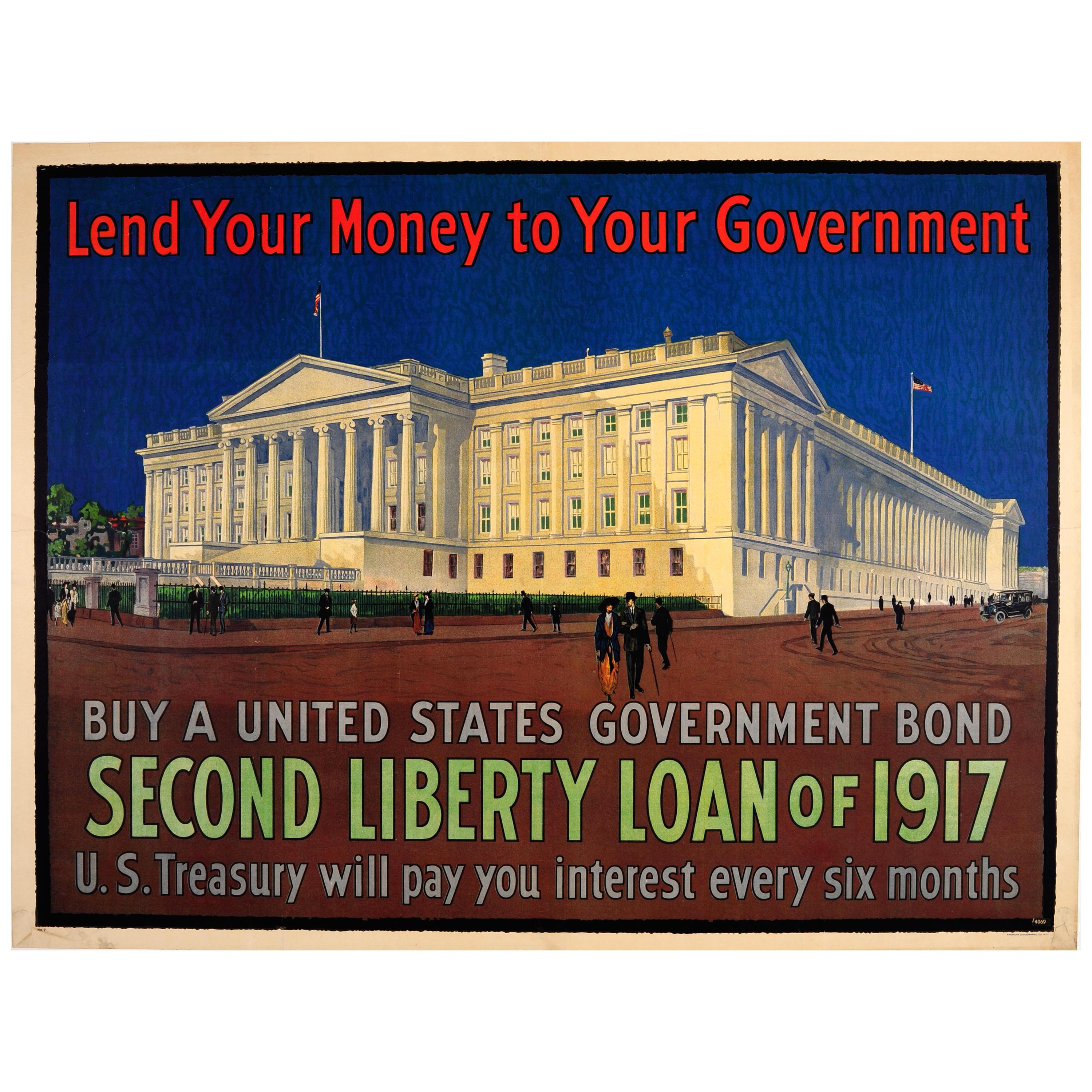 Original 1917 World War One Poster 2nd Liberty Loan US Treasury Government Bond