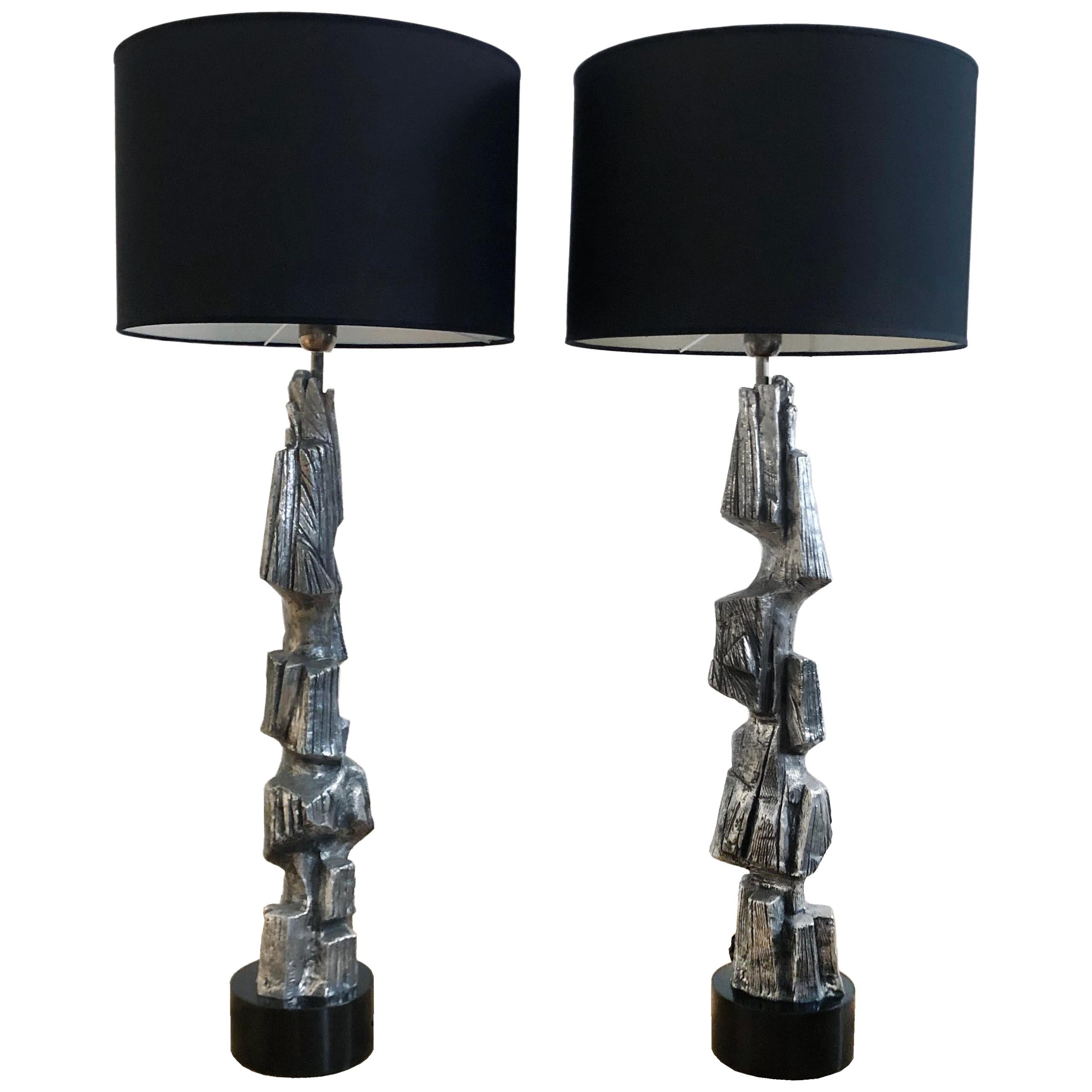 Pair of Large Brutalist Casted Aluminium Sculpture Table Lamps