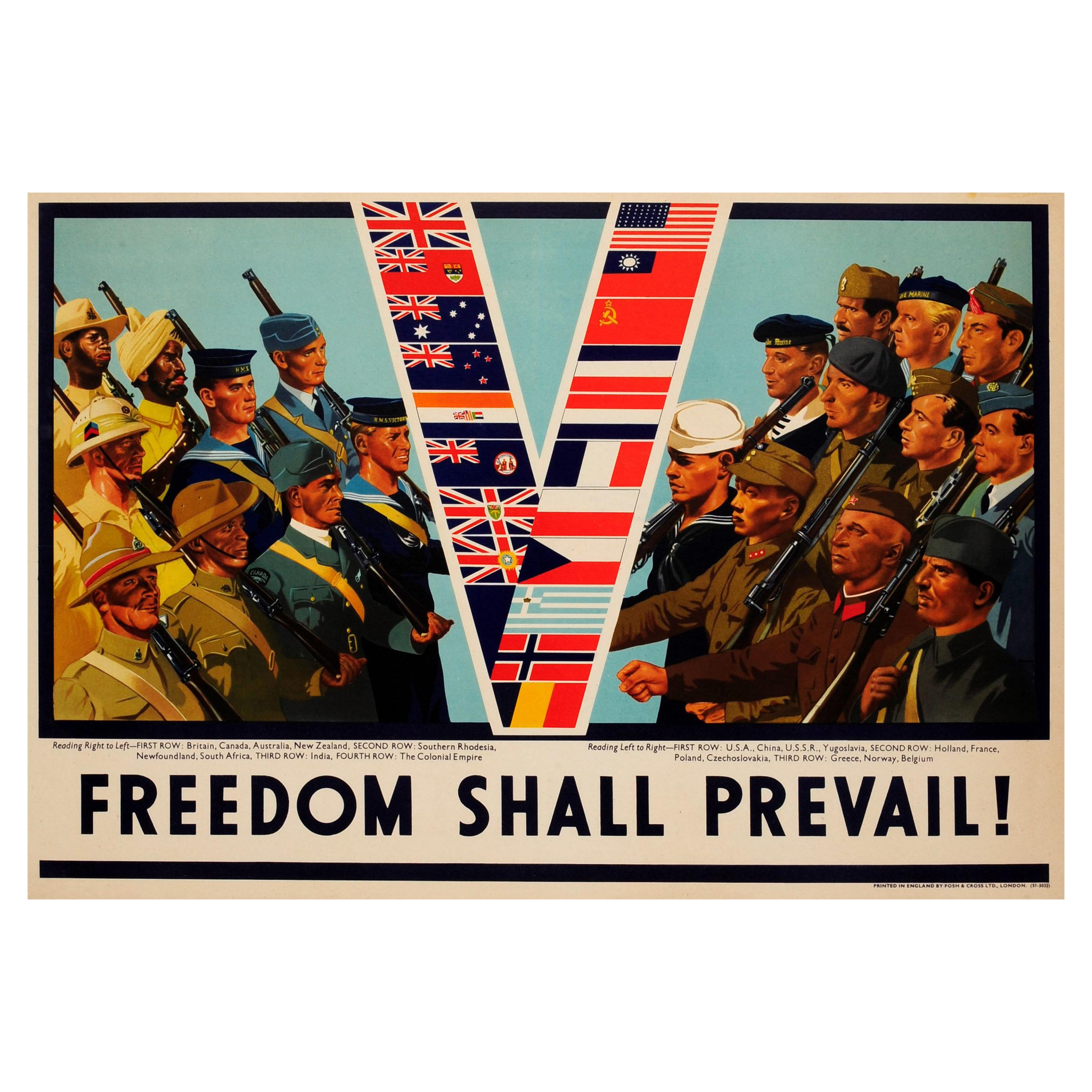 Original 1940s World War Two Poster Freedom Shall Prevail Allies Victory V Flags