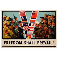 Vintage Original 1940s World War Two Poster Freedom Shall Prevail Allies Victory V Flags