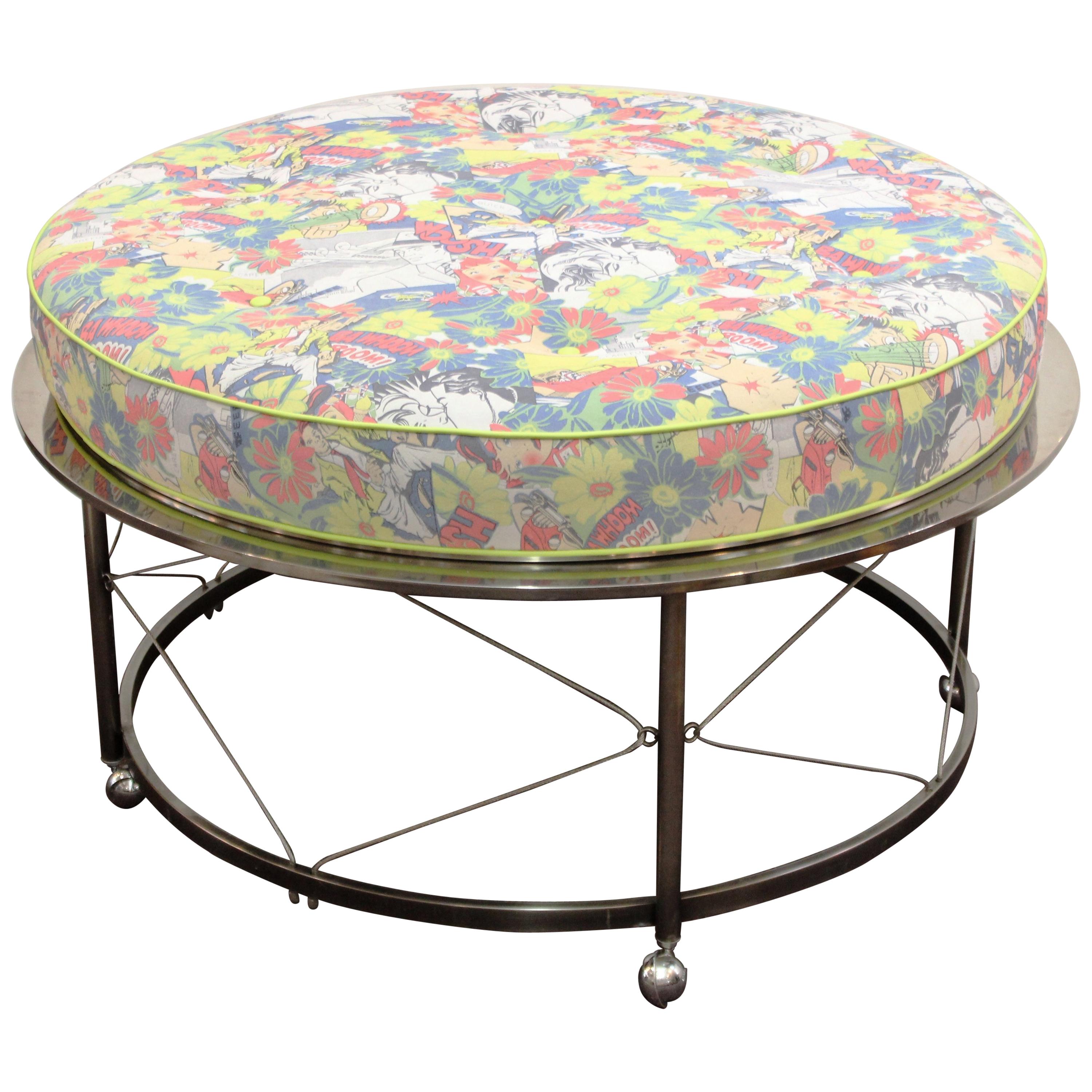 Midcentury Ottoman with Chrome Frame and Pop-Art Style Upholstery
