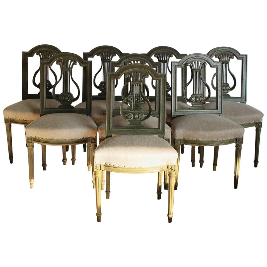 Set of Eight 1920s French Painted Dining Chairs For Sale