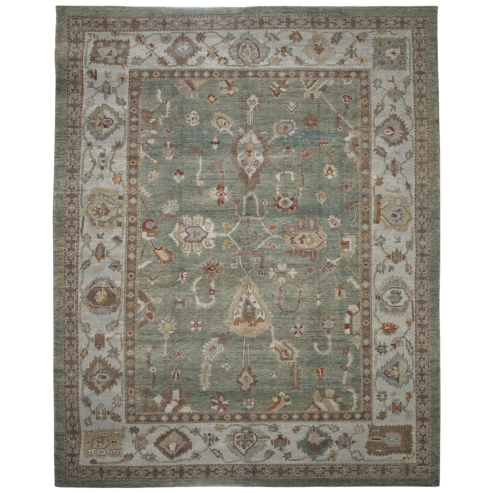 Green and Ivory Handmade Wool Turkish Oushak Rug For Sale