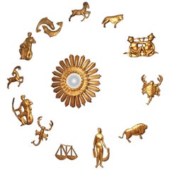 Vintage 1950s Italian Sunburst Mirror with Depicting the Gilt Zodiac Signs