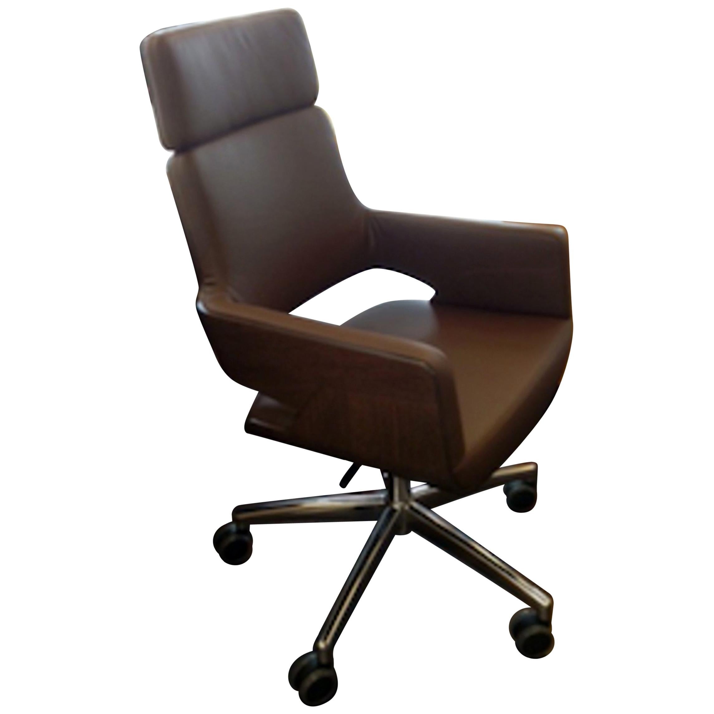 S845 Thonet Executive Swivel Brown Leather Armchair on Casters