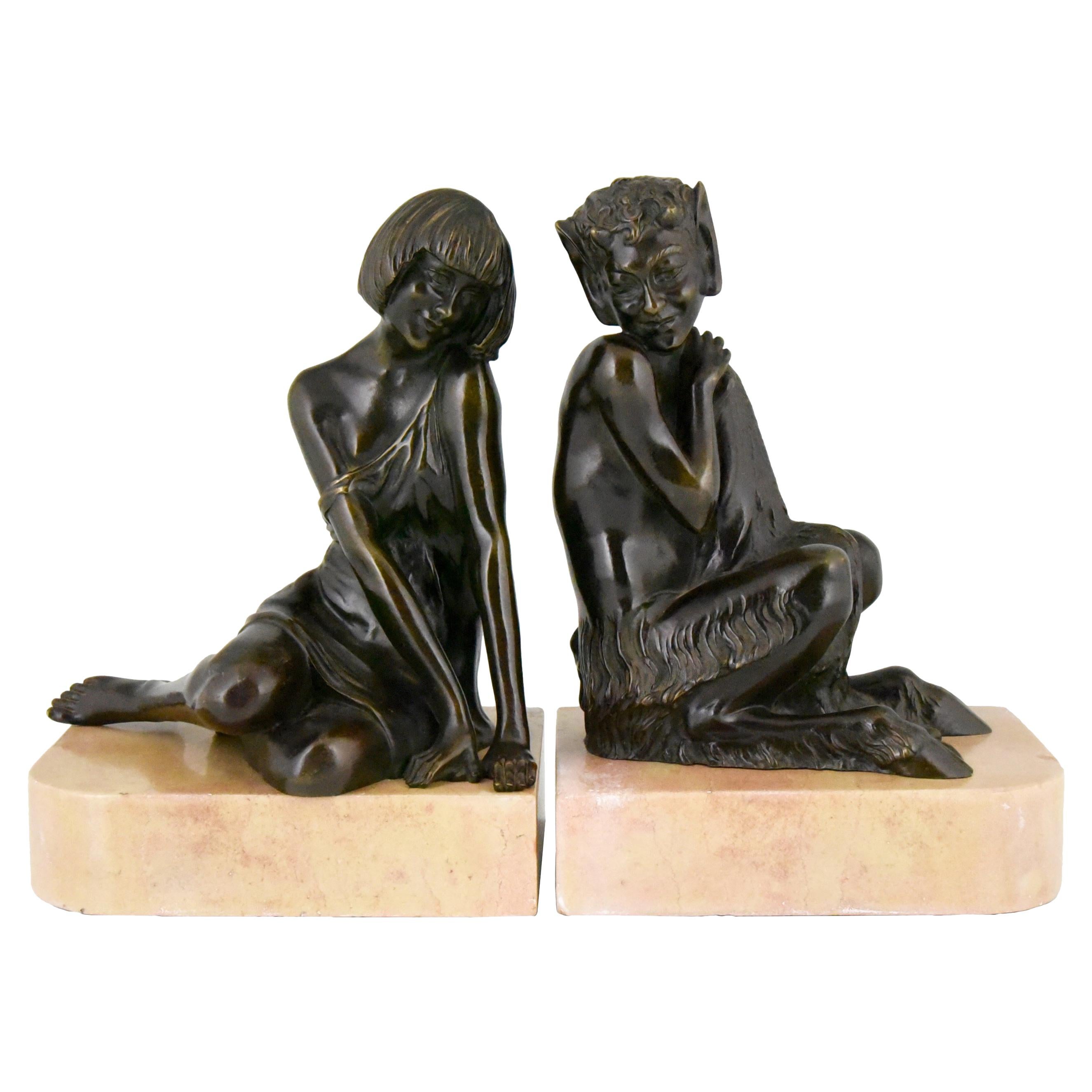 Pierre Le Faguays Art Deco Bronze Bookends Satyr and Girl, France, 1930