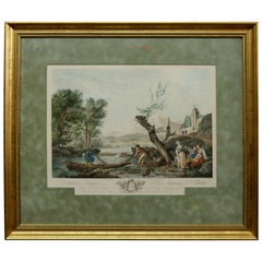 Gravure d'une scène de pêche dans un port français:: teintée à la main:: d'après J. Vernet:: vers 1870