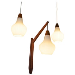 Set of 3 Danish Teak and White Teardrop Glass Swag and Wall Mount Pendant Lights