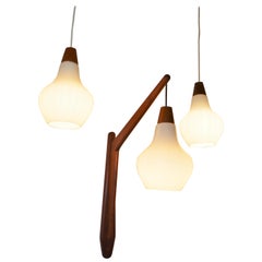 Retro Set of 3 Danish Teak and White Teardrop Glass Swag and Wall Mount Pendant Lights