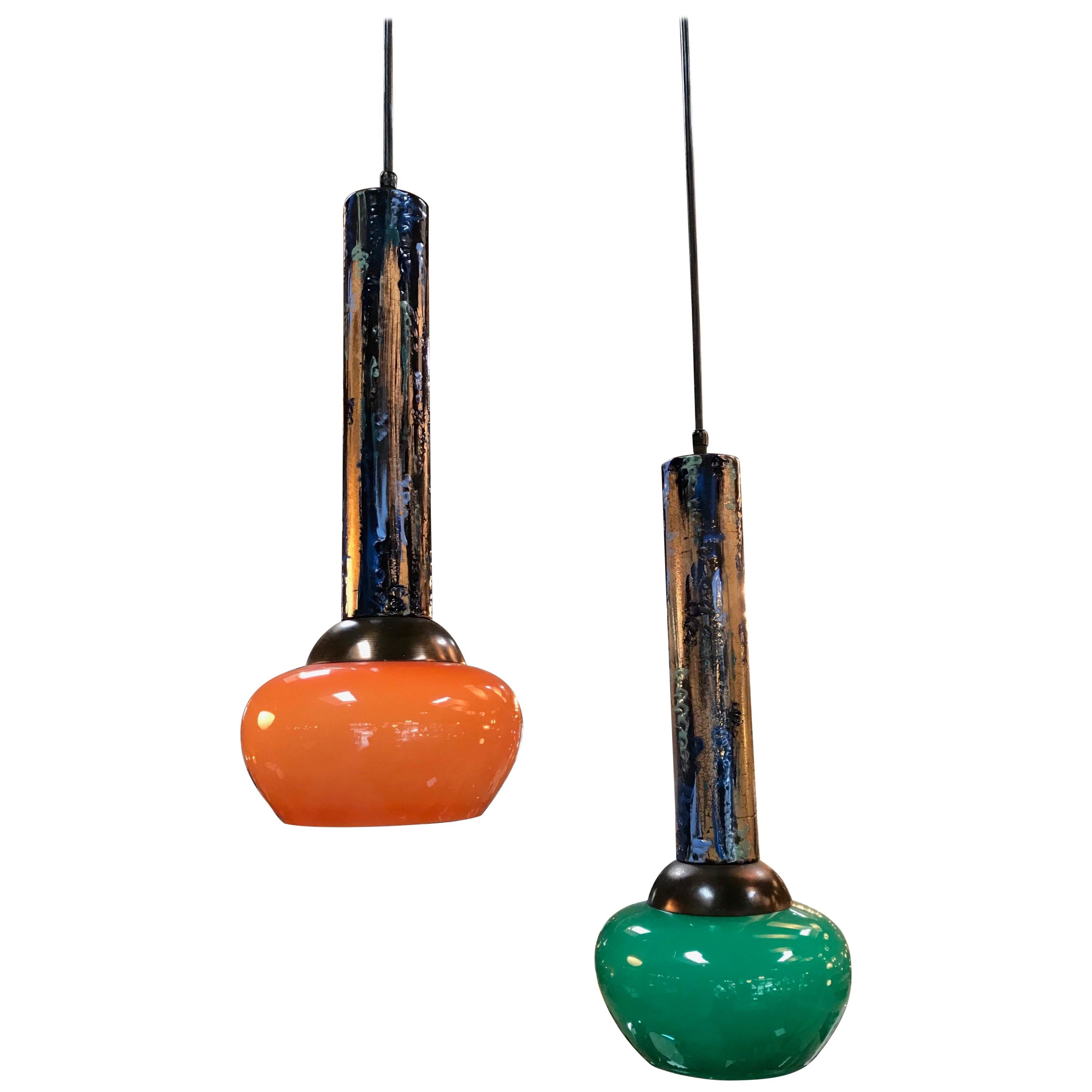 Pair of Esperia Pendants Cold Painted in Orange and Green, Italy, 1970s