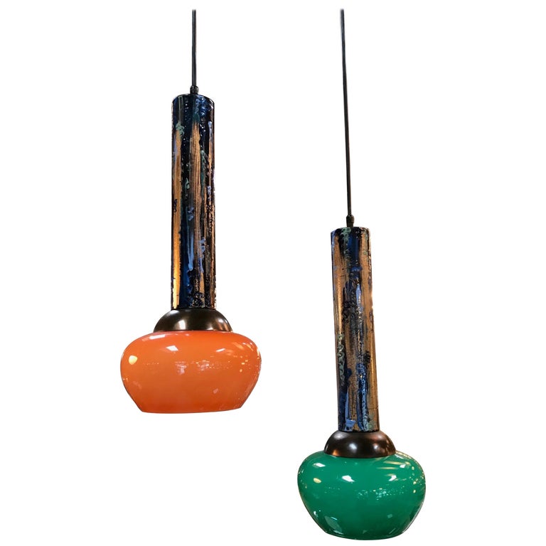 Pair of Esperia Pendants Cold Painted in Orange and Green, Italy, 1970s For Sale