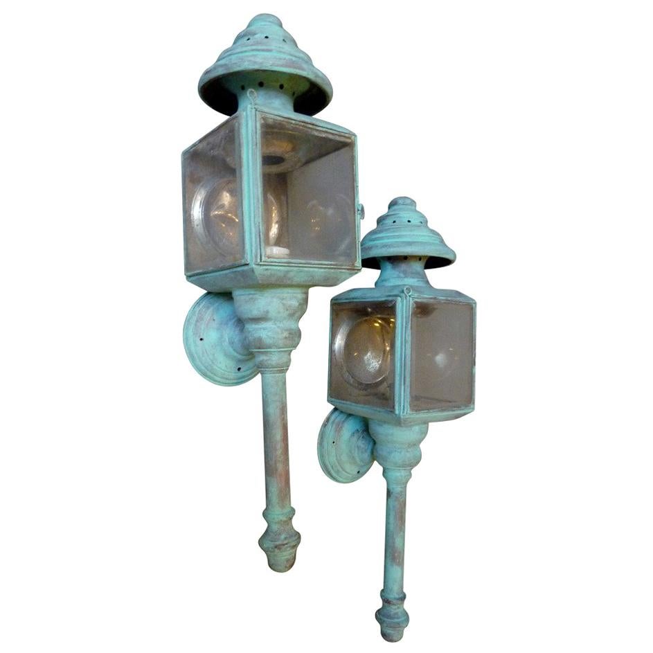 Pair of Copper Verdigris Green Carriage Lamps