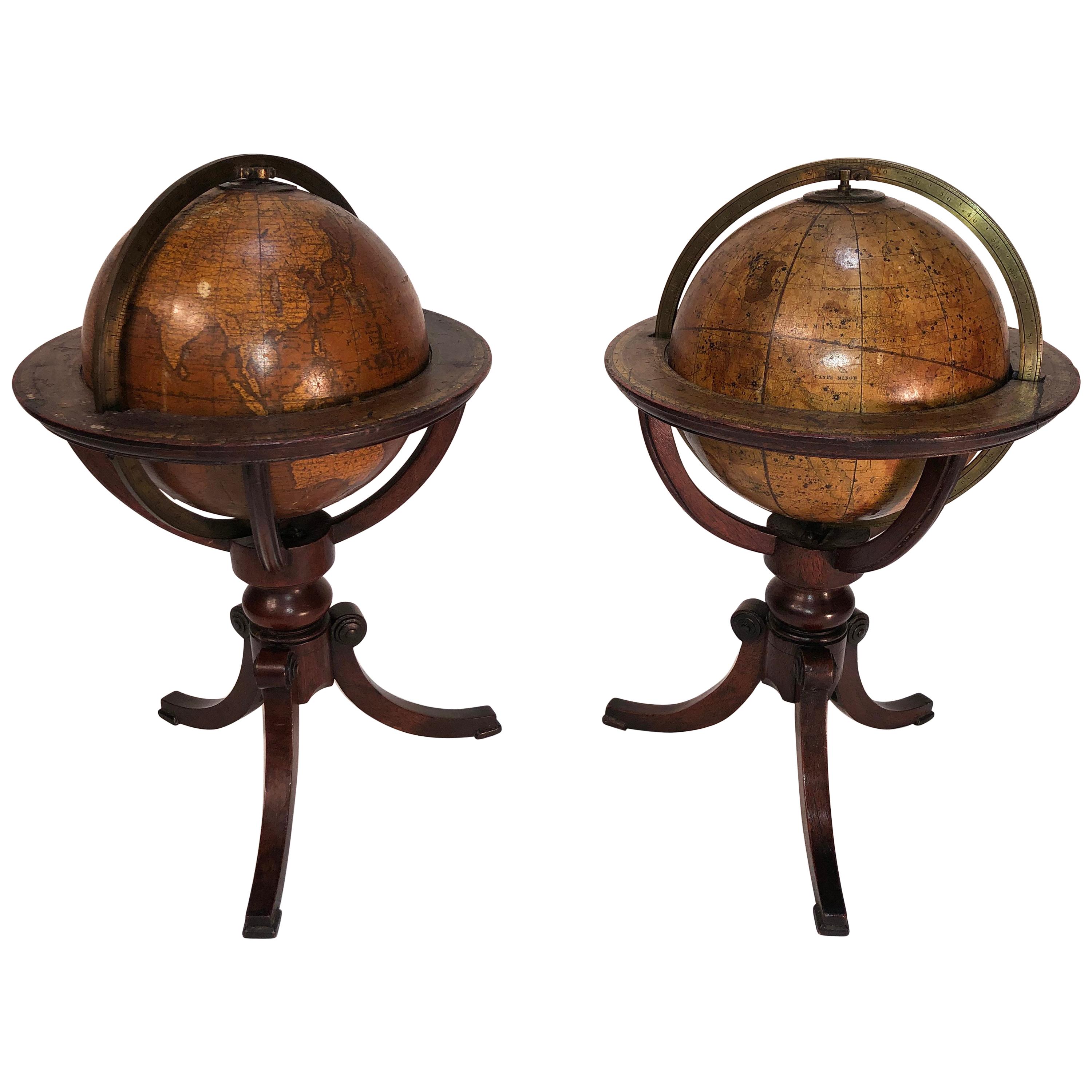 Pair of Miniature 19th Century Globes, Terrestrial and Celestial