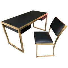 Lacquered Brass Desk and Chair by Guy Lefevre for Maison Jansen, France, 1970s