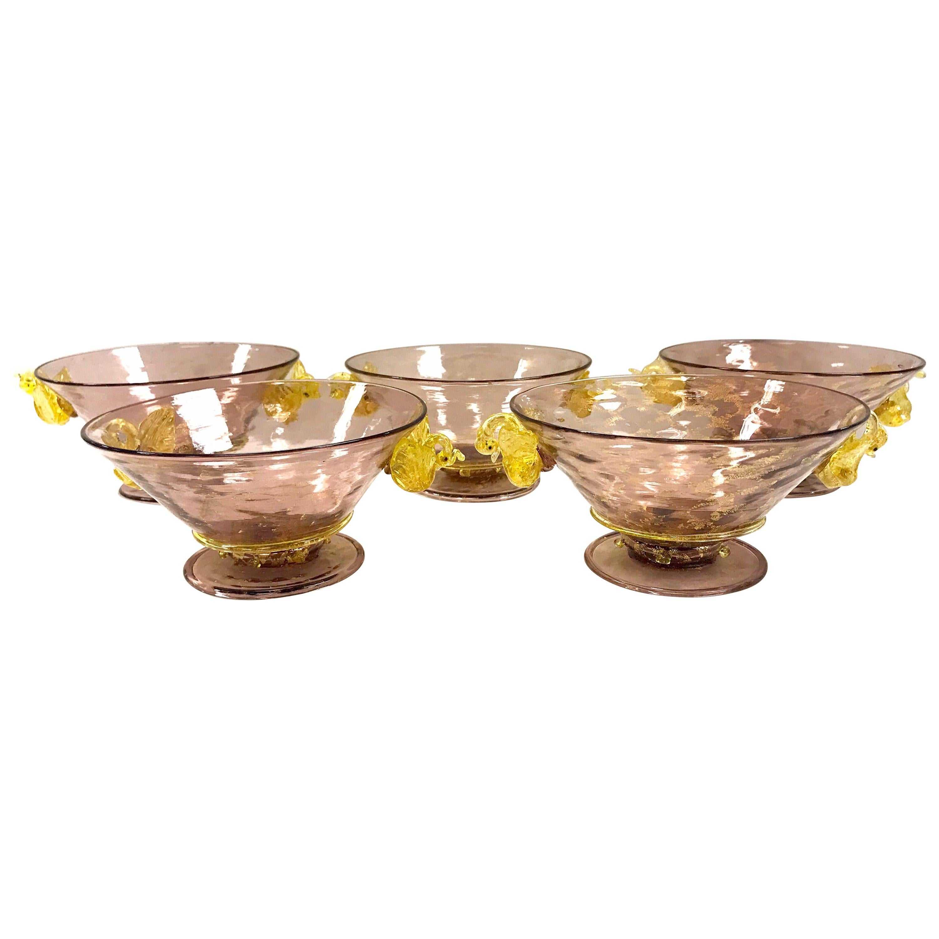 Set of Five Salviati Venetian Hand Blown Murano Glass Bowls Art Deco Italy 1920s