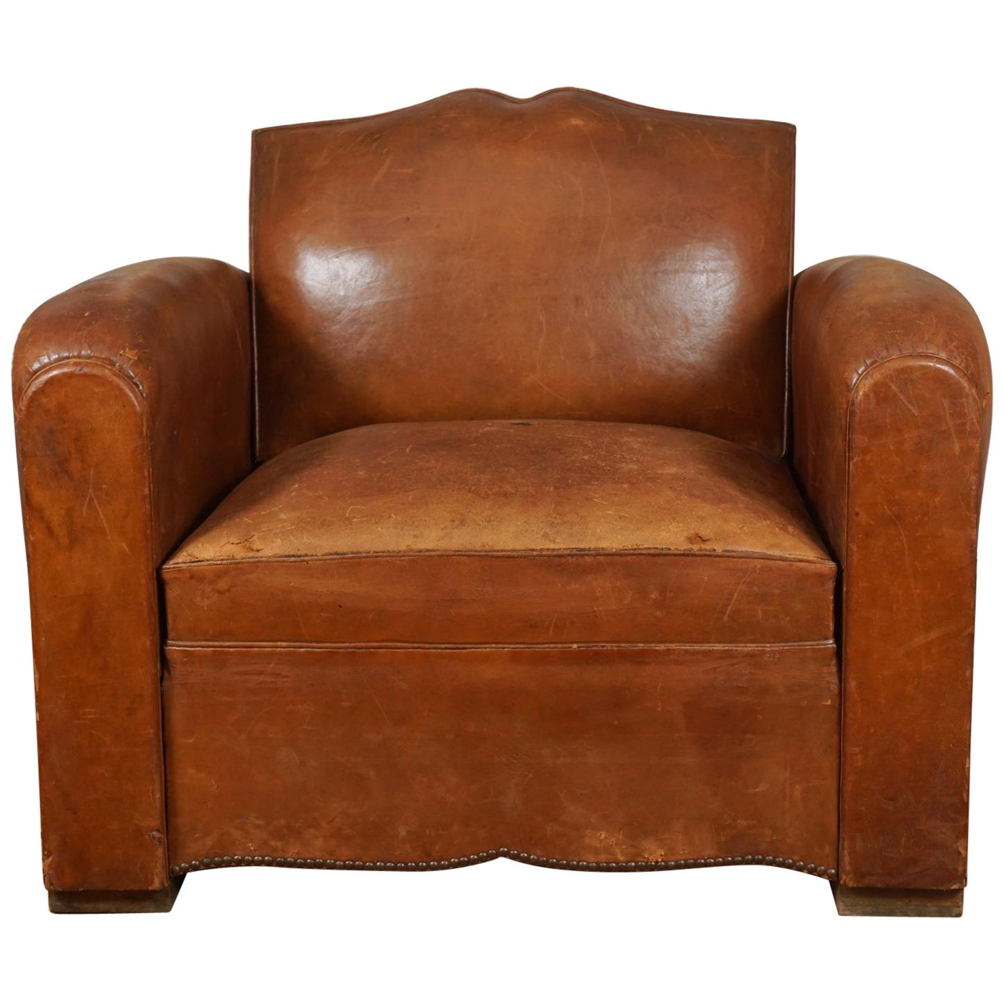 1940s French Leather Convertible Club Chair For Sale