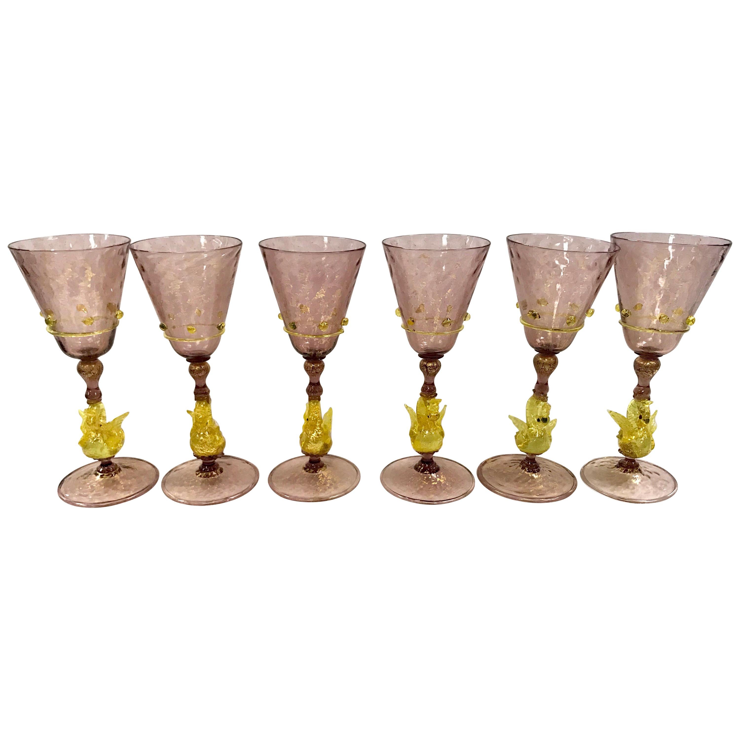 Set of Six Salviati Venetian Murano Glass Stemware Glasses Stems Goblets, Italy