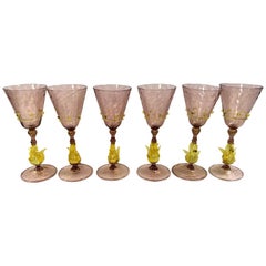 Set of Six Salviati Venetian Murano Glass Stemware Glasses Stems Goblets, Italy