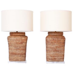 Vintage Pair of  Midcentury Woven Table Lamps on Lucite